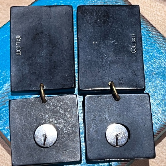 L Bott Mid Century Modern Drop Earrings 3 3/4” Geometric Block Black & Ivory - Picture 3 of 4